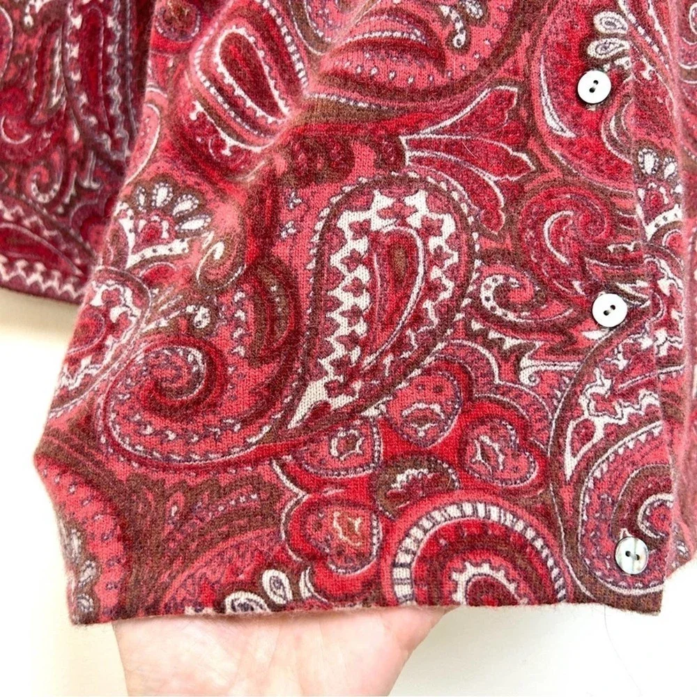 Tweeds Lambs Wool Angora Blend Red Pink Paisley 3/4 Sleeve Cardigan Size Small P